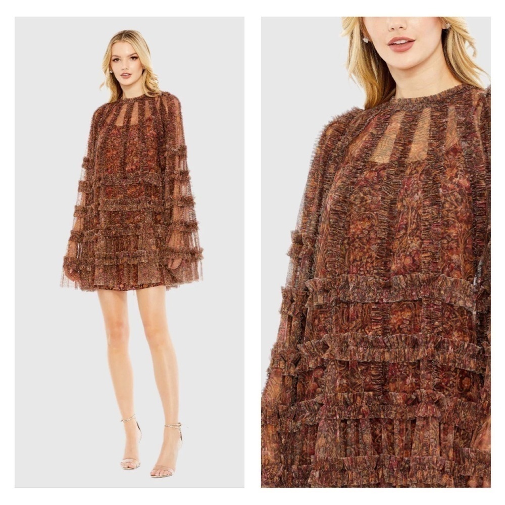 Mac Duggal 8007 NWT Floral Print Long Flare Sleeve Mesh A-Line Dress